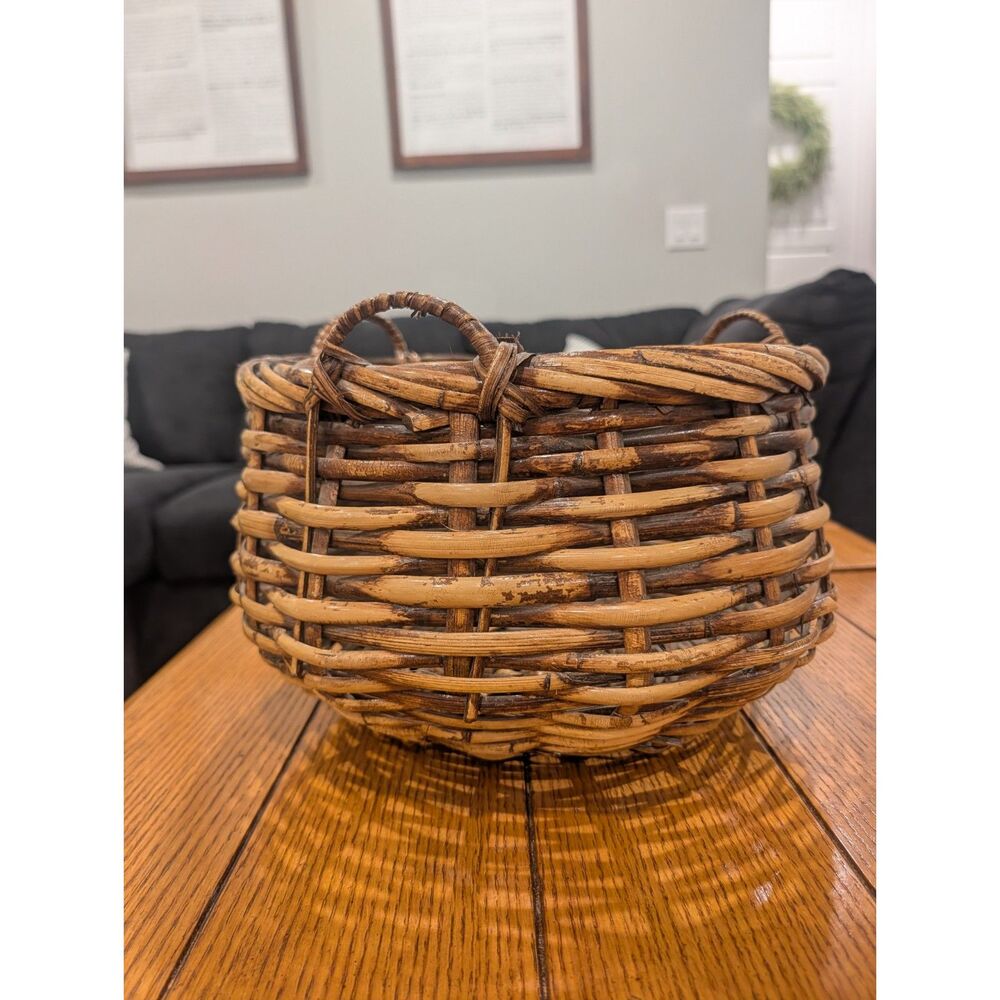 Vintage Rattan Basket 3 Handles Round Tortoise Finish Woven Farmhouse Decor